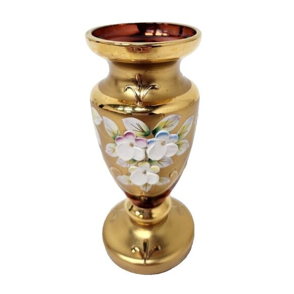 Vintage Bohemian Glass Floral Vase Raised Design Pink Glass Gold Overlay Germany - Picture 1 of 10